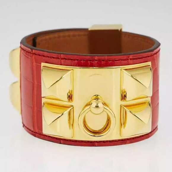 Hermes Geranium Matte Alligator Gold Plated Collier de Chien Cuff Bracelet - Picture 2 of 10
